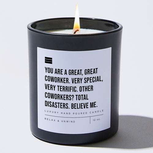 You Are a Great, Great Coworker. Very Special, Very Terrific. Other Coworkers? Total Disasters. Believe Me. - Black Luxury Candle 62 Hours