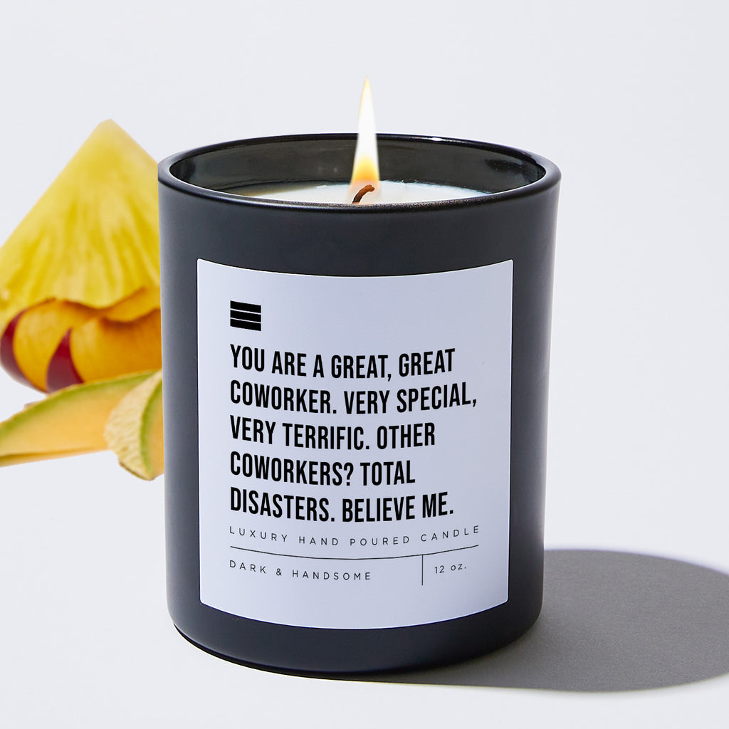 You Are a Great, Great Coworker. Very Special, Very Terrific. Other Coworkers? Total Disasters. Believe Me. - Black Luxury Candle 62 Hours