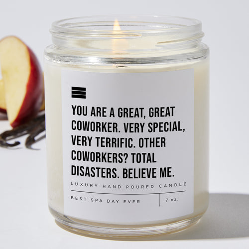 You Are a Great, Great Coworker. Very Special, Very Terrific. Other Coworkers? Total Disasters. Believe Me. - Luxury Candle Jar 35 Hours